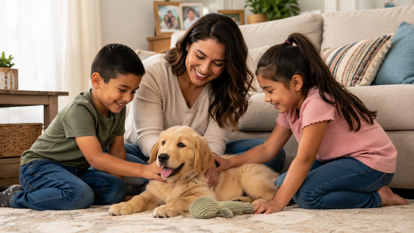 Familia feliz con su cachorro en Petland Las Vegas, Nevada